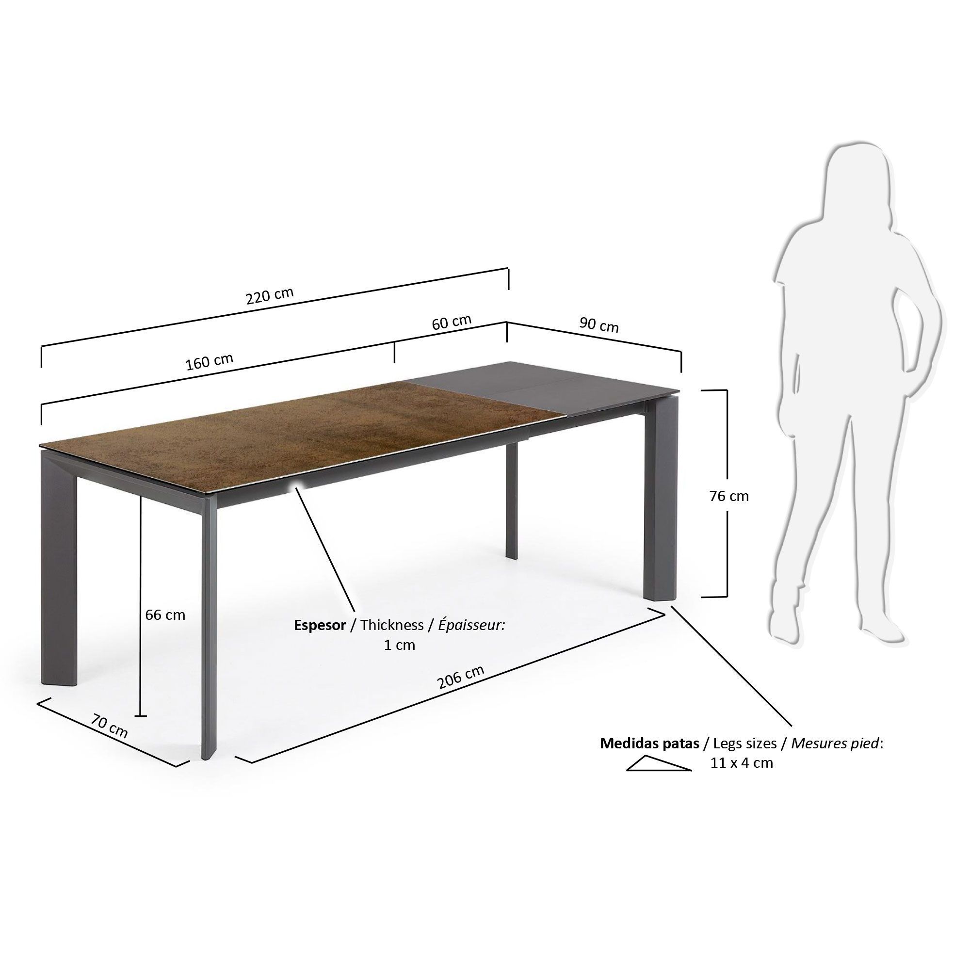 Стол обеденный La Forma Atta 160(220)x90 антрацит коричневый керамика